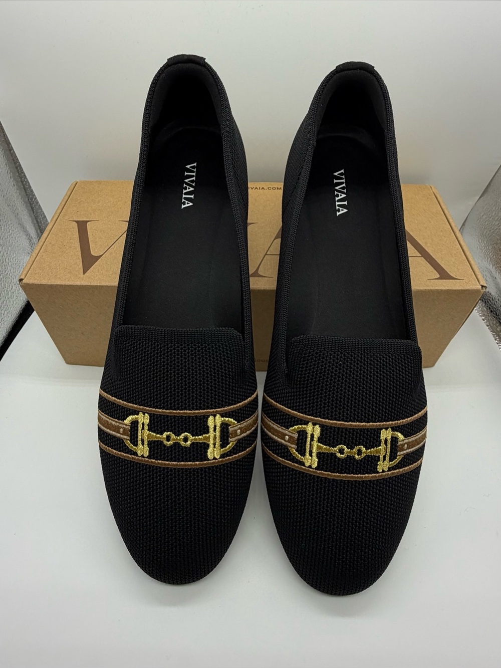 Vivaia Black w/gold Horsebit Audrey Slip-On Round toe Loafers, size 39.5. NEW!